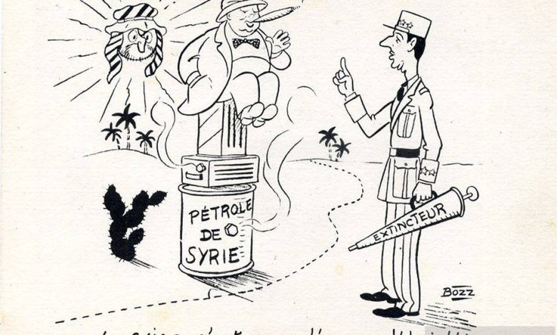 كاريكاتير عن الصراع على بترول سوريا بين ديغول وتشرشل
