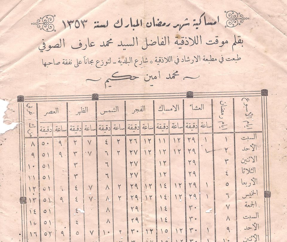 التاريخ السوري المعاصر - اللاذقية - إمساكيَّة شهر رمضان المبارك كانون الثاني 1935