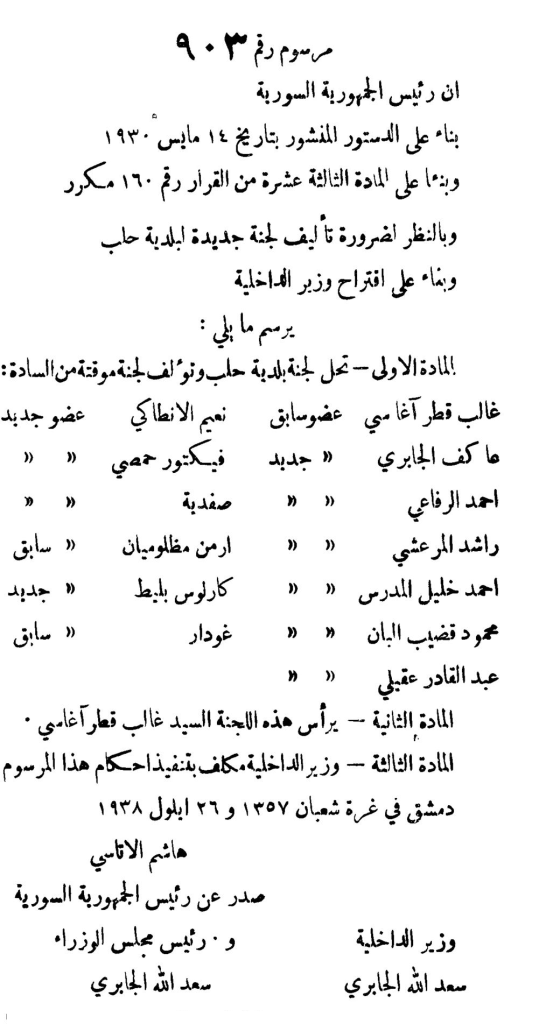 التاريخ السوري المعاصر - مرسوم تشكيل لجنة بلدية حلب برئاسة غالب قطر آغاسي 1938