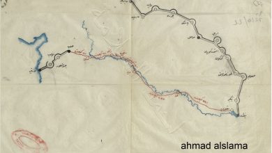 من الأرشيف العثماني 1890 - خريطة للسكة الحديدية المقترحة من حلب الى بغداد