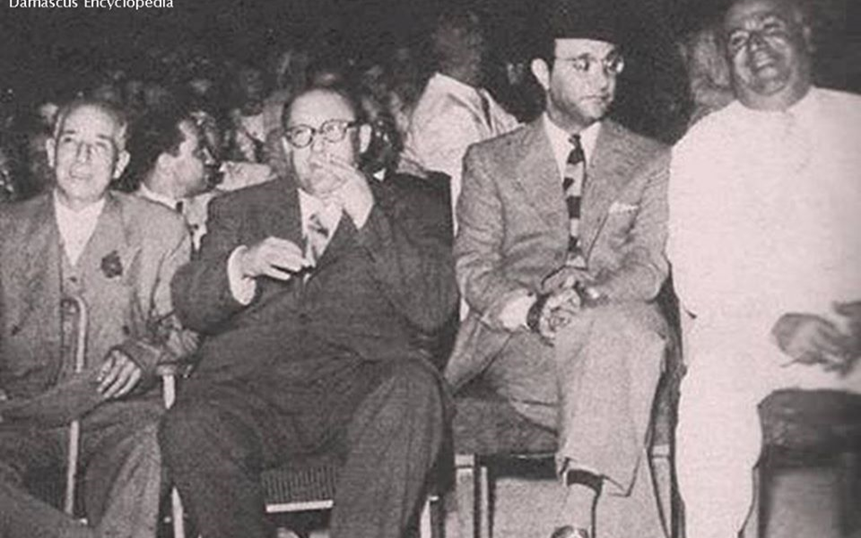 محمد عبد الوهاب في ضيافة صبري العسلي في معرض دمشق الدولي عام 1957