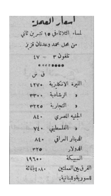التاريخ السوري المعاصر - أسعار الليرة السورية - 15 تشرين الثاني 1949