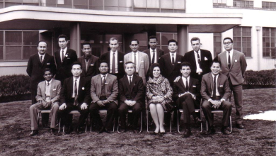 Artist Ahmed Madoun in front of the Japanese company Fujitsu in 1967