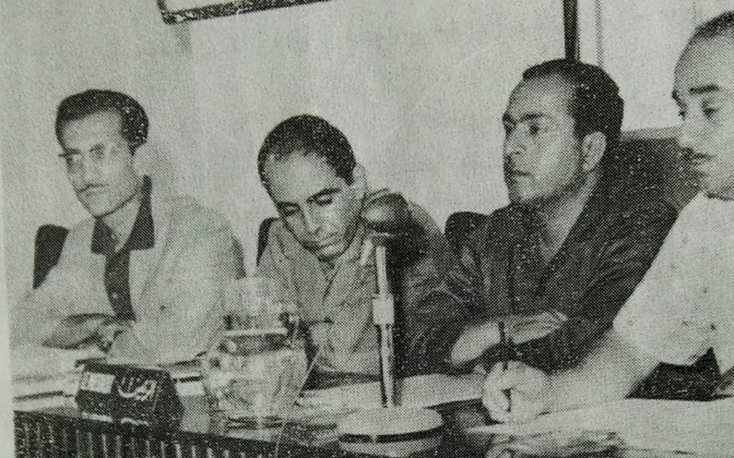 مروان حبش وعبد الحميد المقداد في مؤتمر الاتحادات الصناعية عام 1969م