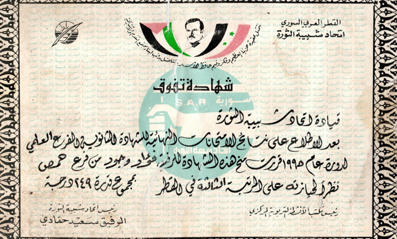 التاريخ السوري المعاصر - شهادة تفوق للطالب فؤاد وحود عام 1995