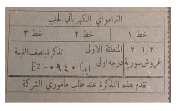 تذكرة ترام مخفضة في حلب عام 1937