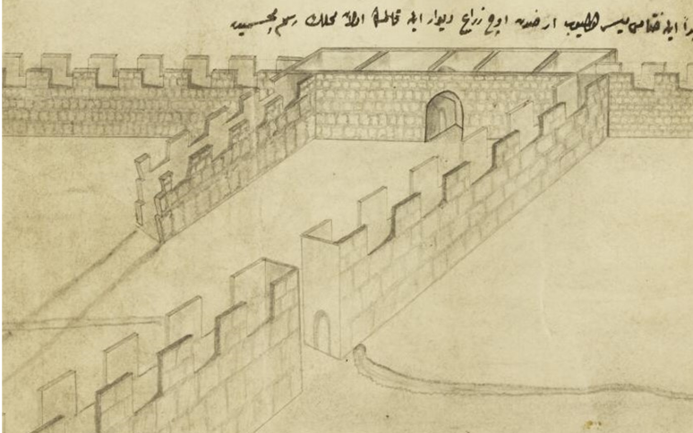 من الأرشيف العثماني - رسم مخطط ثكنة إبراهيم باشا في منطقة الصالحية بدمشق