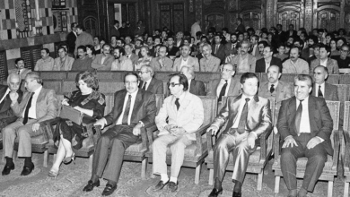 محمود الزعبي،نجاح العطار ومحمد سلمان في حفل تكريم الفنانين التشكيليين 1989