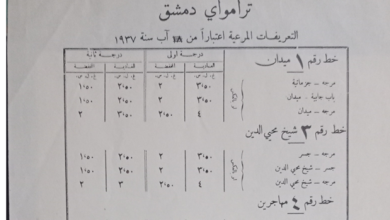 قائمة تسعيرة تذاكر الترامواي الكهربائي في دمشق عام 1937