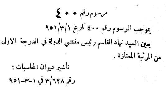 التاريخ السوري المعاصر - مرسوم تعيين نهاد القاسم رئيساً لمفتشي الدولة عام 1951