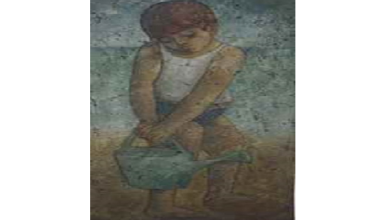 طفل يمسك إبريق سقاية الزرع .. من لوحات الفنان لؤي كيالي (60)