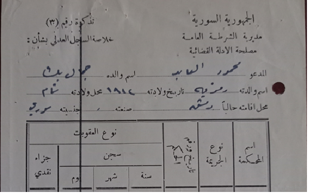 وثيقة "لا حكم عليه" لـ محمود العابد صادرة عن مديرية الشرطة العامة في دمشق عام 1945