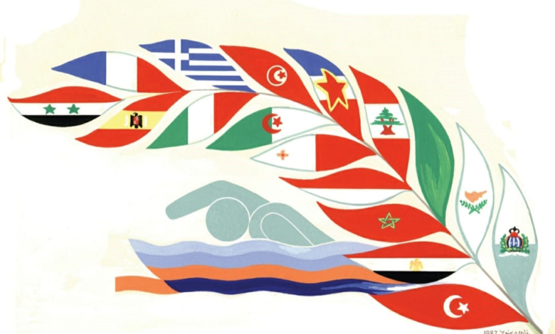 التاريخ السوري المعاصر - لوحة أعلام الدول المشاركة في دورة ألعاب البحر الأبيض المتوسط 1987
