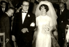 العروسان حبيب صقال ومنى صادر من داخل بازيليك القديس فرنسيس الأسيزي في حلب 1966